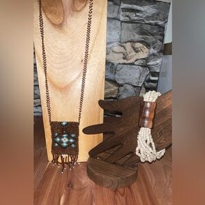Boho, Southwestern Beaded Pocket Pouch Necklace  and Stone Bracelet‎